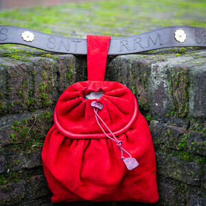 Rabais: Sac à ceinture en suède avec anneau «Rose Allemande» style XVIe s. | Suède gants rouge