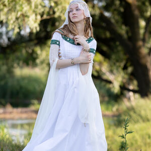Costume médiéval de mariage "Fleurs d'Eau" robe avec ceinture en tissu et voile de soie