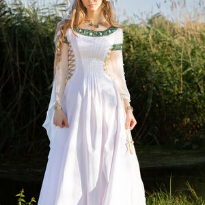 Costume médiéval de mariage "Fleurs d'Eau" robe avec ceinture en tissu et voile de soie