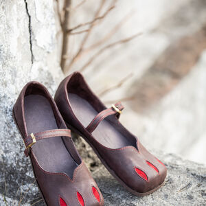 Rabais: Chaussures Médiévales Carrées avec Découpes à Pattes D'ours pour Femme «Rose Allemande» | Cuir mat marron | Taille EU-38