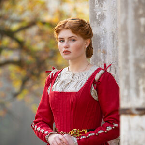 Rabais: Robe Corset Kirtle en Lin à Baleines «Rose Allemande» | Lin bourgogne | Taille 10