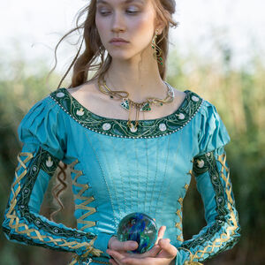 Rabais: Robe Médiévale en Coton aux Manches Bouffantes « Fleurs d’Eau » | Popeline turquoise