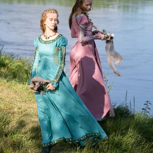 Rabais: Robe Médiévale en Coton aux Manches Bouffantes « Fleurs d’Eau » | Popeline turquoise