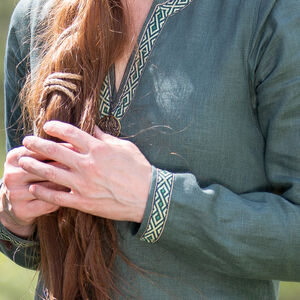 Rabais: Tunique médiévale en lin avec passement «Trea la Sereine» | Lin brun noix | Taille 10