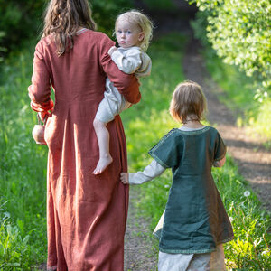 Rabais: Tunique médiévale en lin avec passement «Trea la Sereine» | Lin brun noix | Taille 10