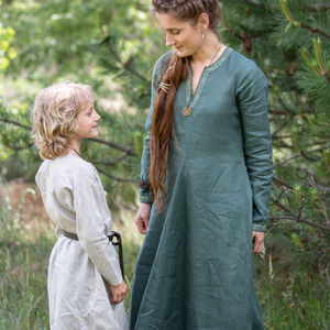 Rabais: Tunique médiévale en lin avec passement «Trea la Sereine» | Lin brun noix | Taille 10