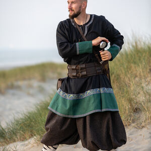 Rabais: Tunique viking de lin « Bjorn le Bûcheron » avec décoration | Lin vert olive | Taille XL