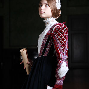 Vue de côté de robe de Renaissance du style florentin en velours naturel d'ArmStreet