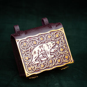 Sac médiéval en cuir avec un panneau en laiton émaillé « Ours »