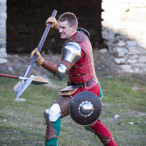 Hallebarde décorative fantasy en acier gravé « Chien de Guerre »