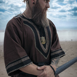 Tunique Viking en lin à manches courtes avec passement, coutures à la main et accents « Ingvar le Marin »