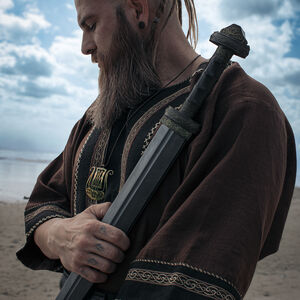 Tunique Viking en lin à manches courtes avec passement, coutures à la main et accents « Ingvar le Marin »