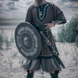 Tunique Viking en lin à manches courtes avec passement, coutures à la main et accents « Ingvar le Marin »